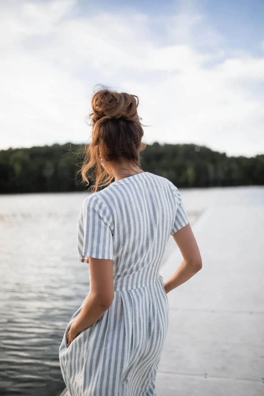 June Dress in Green and White Stripe Linen - S