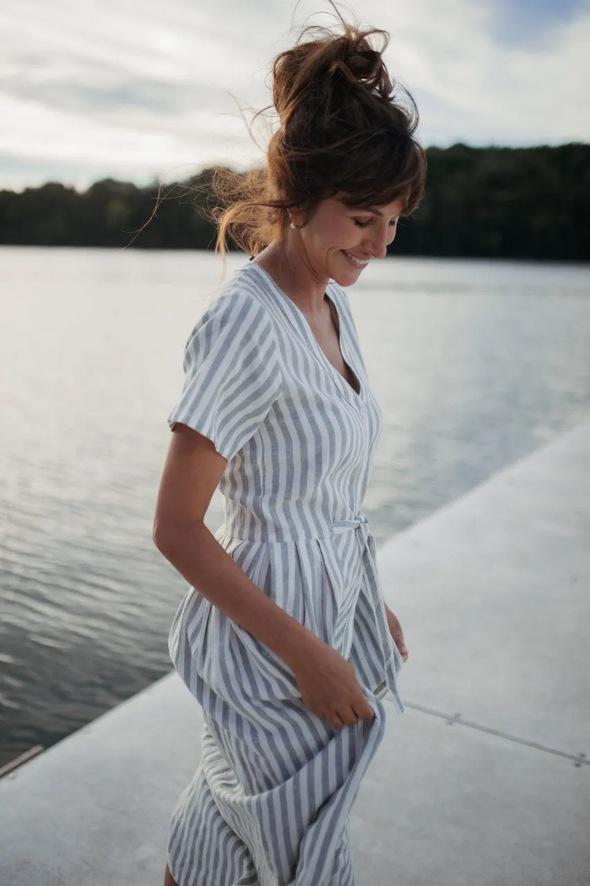 June Dress in Green and White Stripe Linen - S