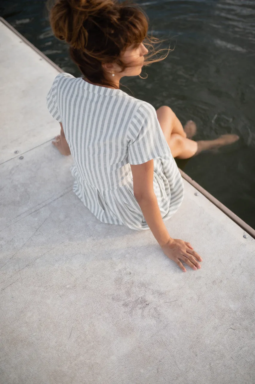 June Dress in Green and White Stripe Linen - S