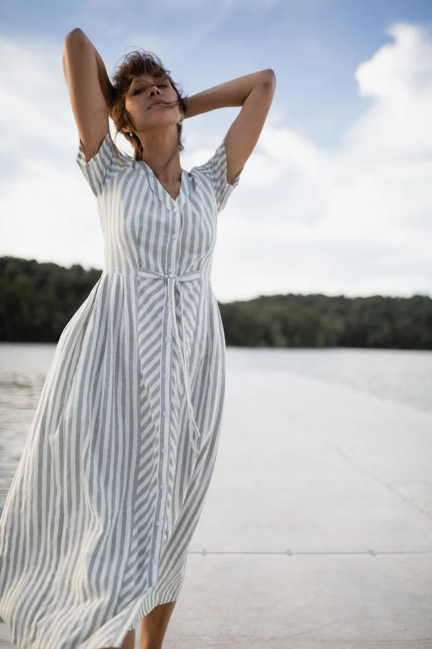 June Dress in Green and White Stripe Linen - S