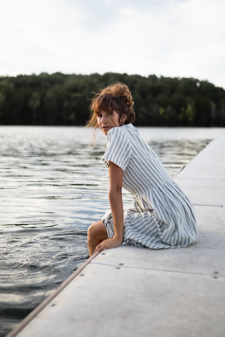 June Dress in Green and White Stripe Linen - S