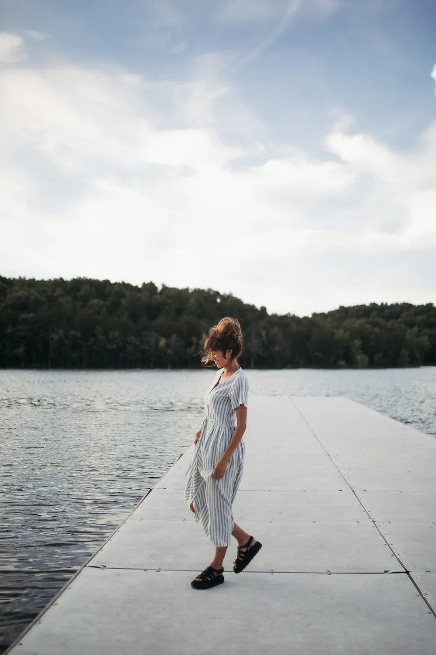 June Dress in Green and White Stripe Linen - S