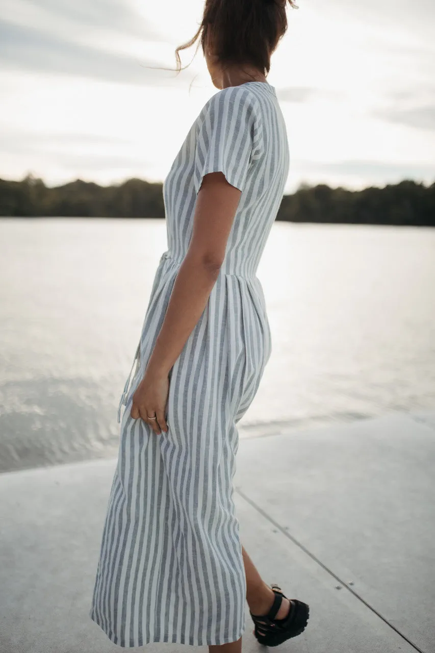 June Dress in Green and White Stripe Linen - S