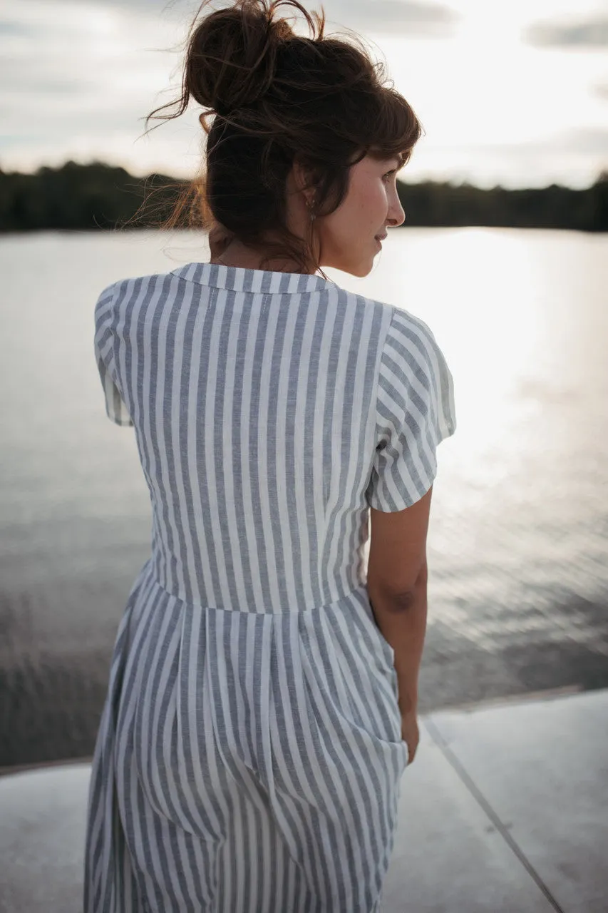 June Dress in Green and White Stripe Linen - S