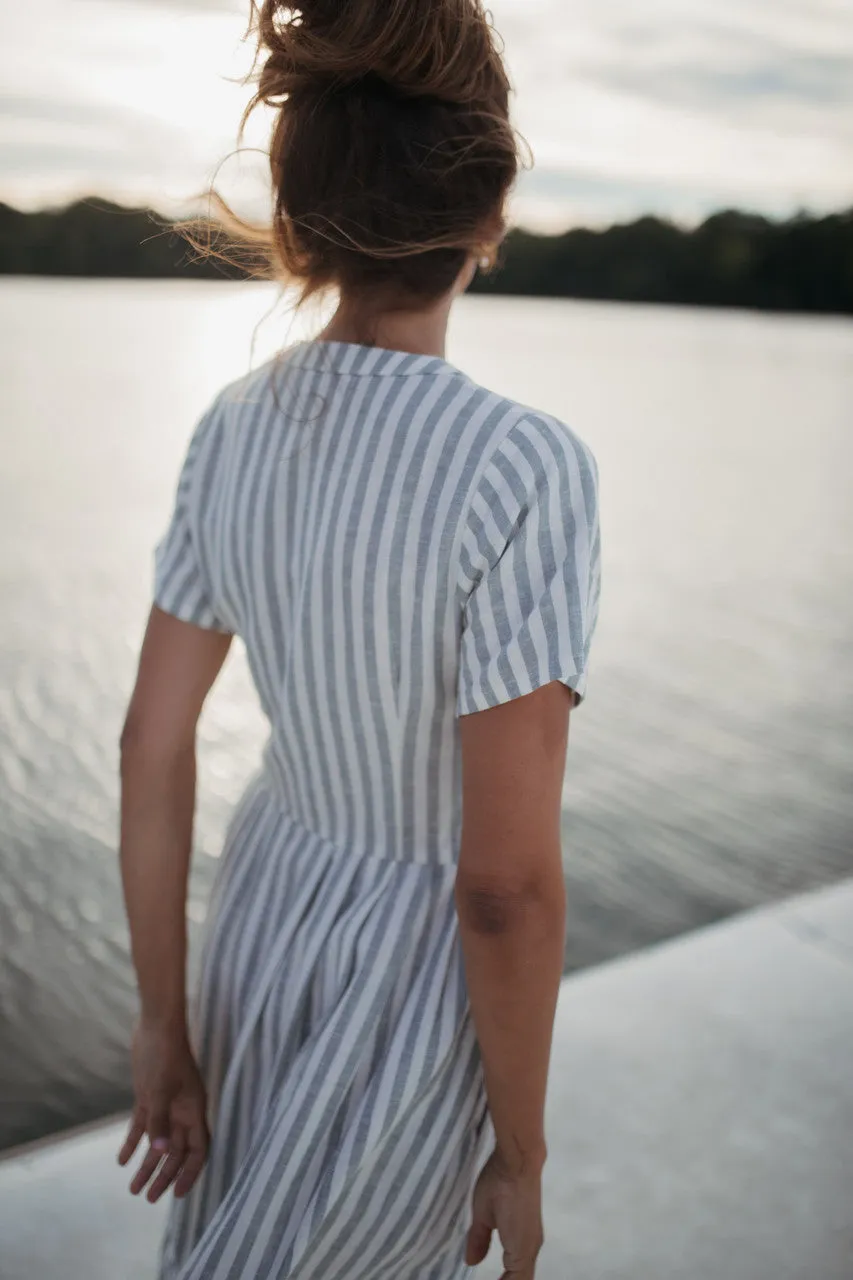 June Dress in Green and White Stripe Linen - S