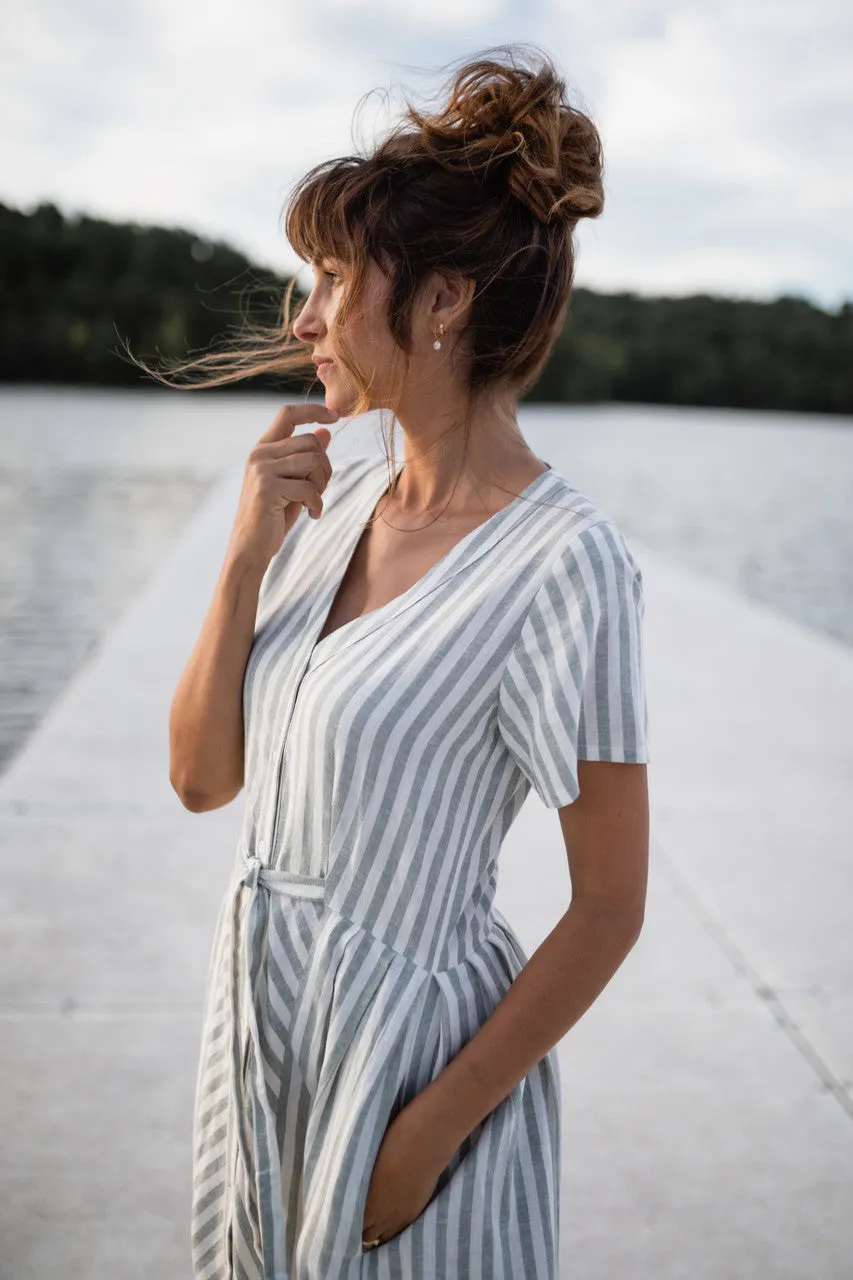 June Dress in Green and White Stripe Linen - S