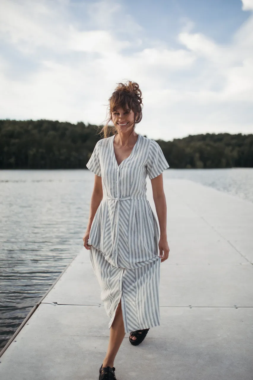 June Dress in Green and White Stripe Linen - S