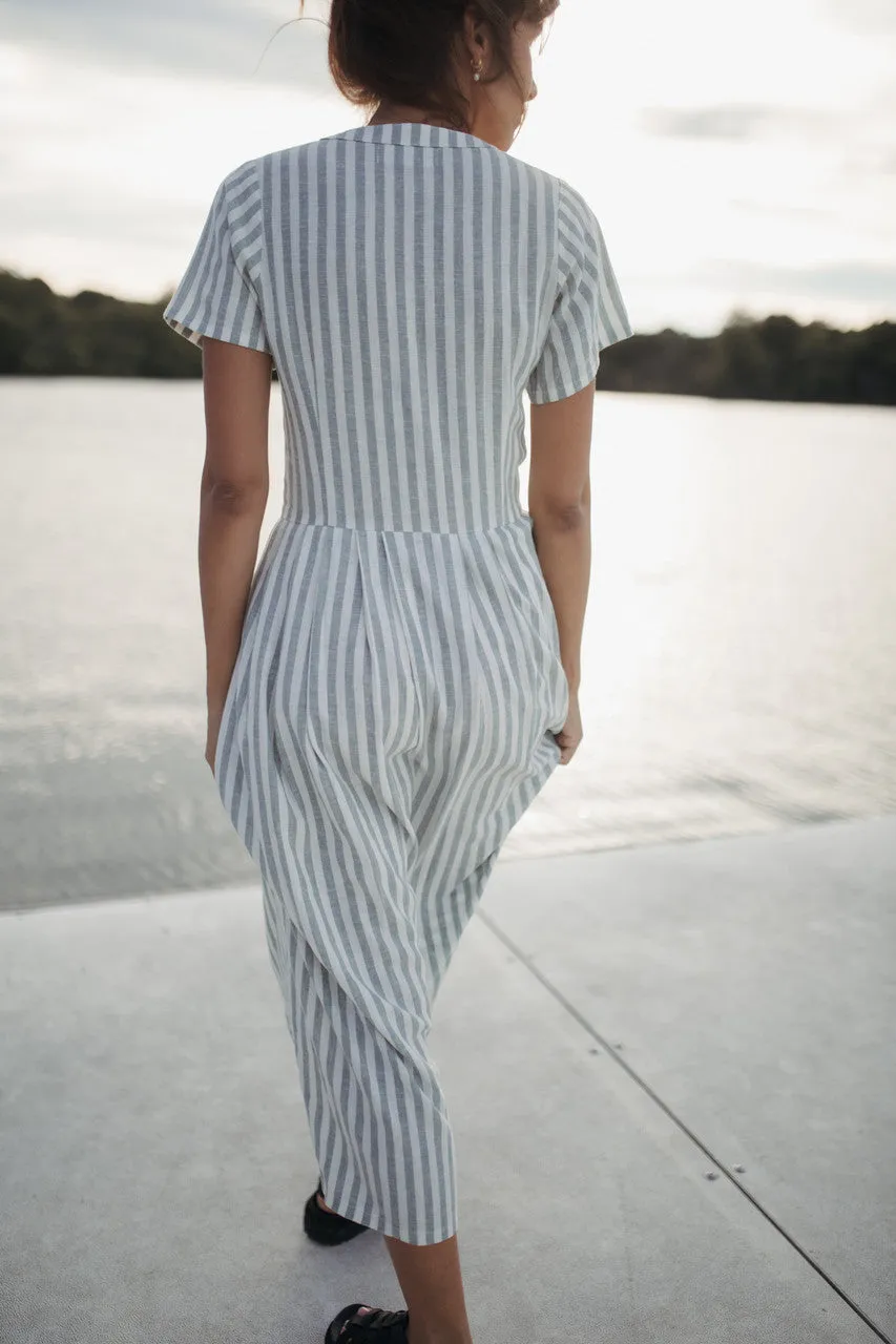 June Dress in Green and White Stripe Linen - S