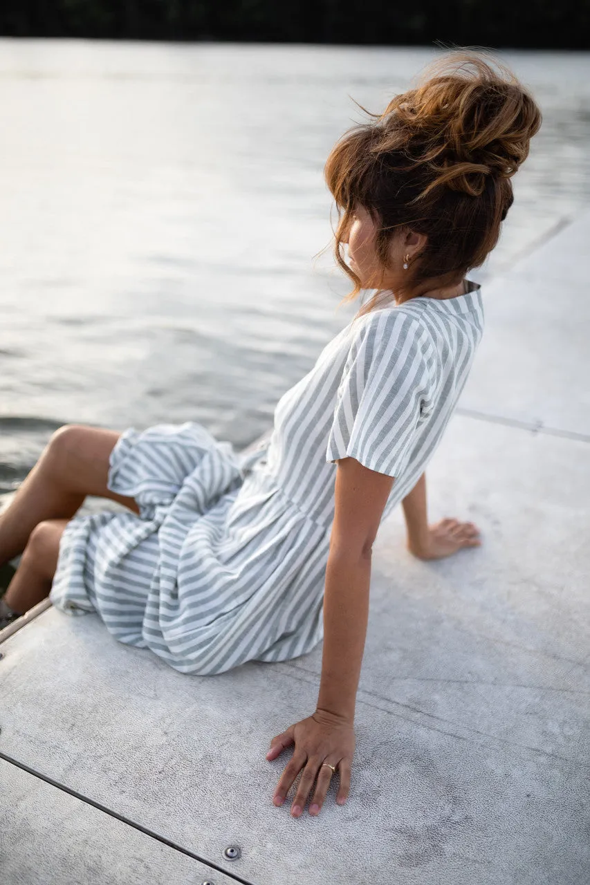 June Dress in Green and White Stripe Linen - S