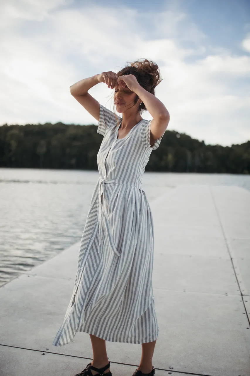 June Dress in Green and White Stripe Linen - S