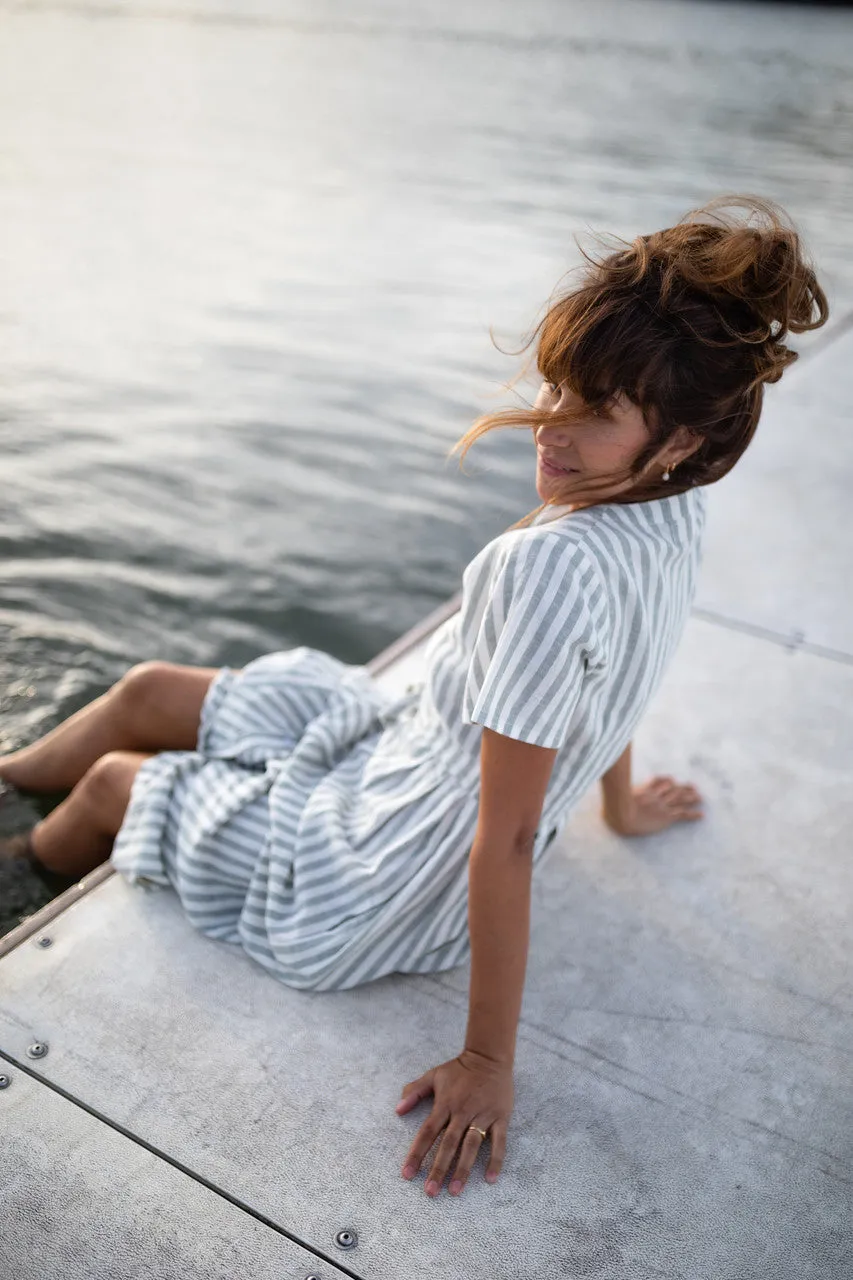 June Dress in Green and White Stripe Linen - S