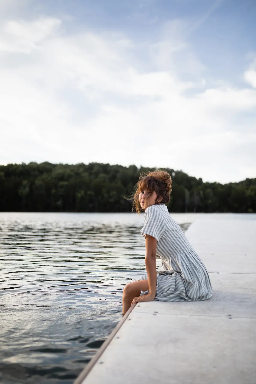 June Dress in Green and White Stripe Linen - S