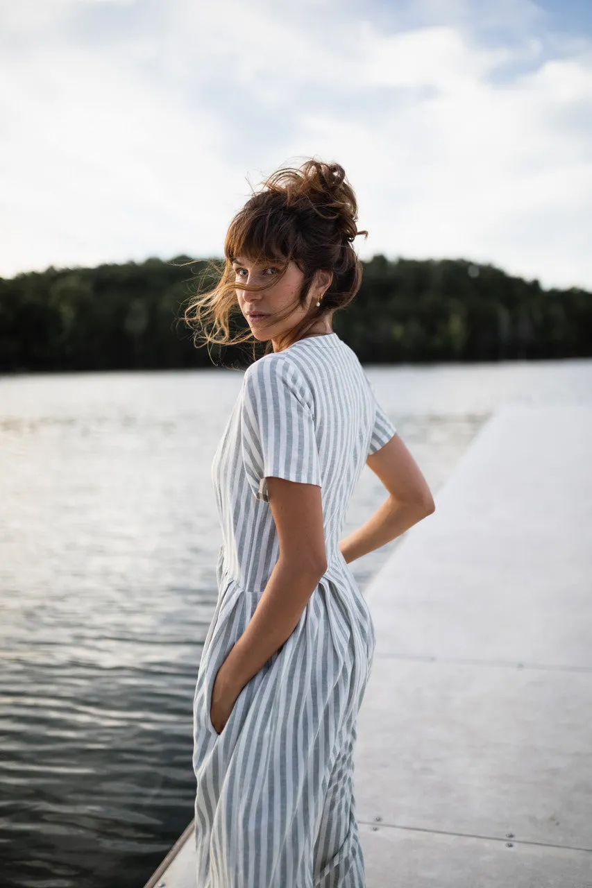 June Dress in Green and White Stripe Linen - S