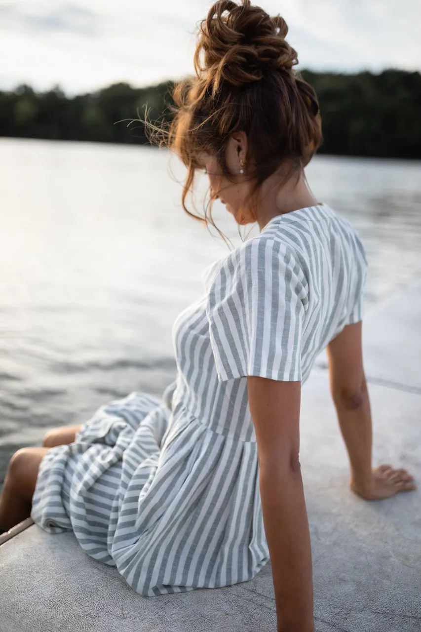 June Dress in Green and White Stripe Linen - S