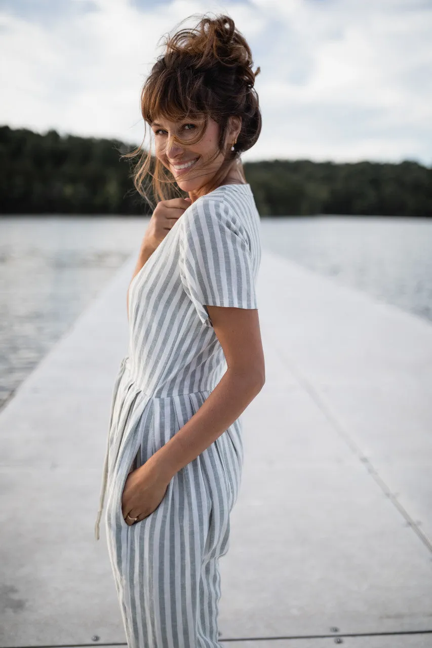 June Dress in Green and White Stripe Linen - S