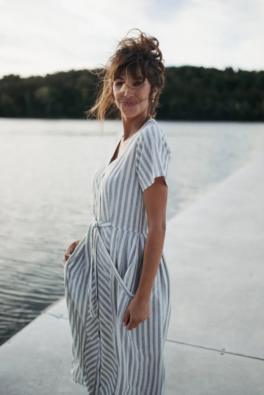 June Dress in Green and White Stripe Linen - S