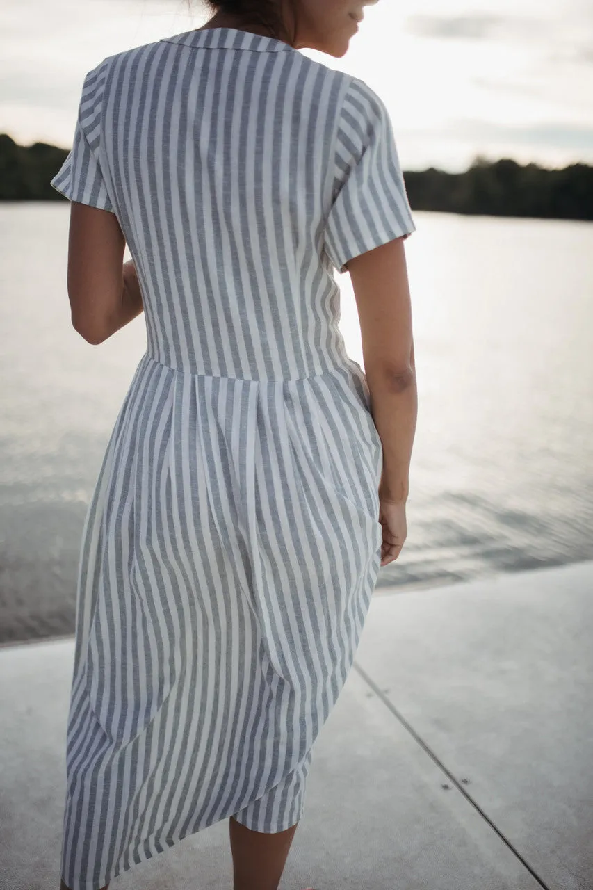 June Dress in Green and White Stripe Linen - S