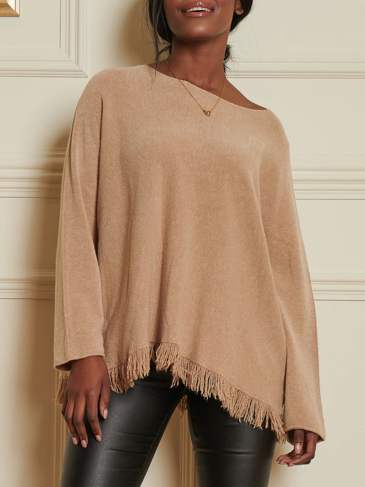 Knitted Fringe Detail Jumper, Khaki