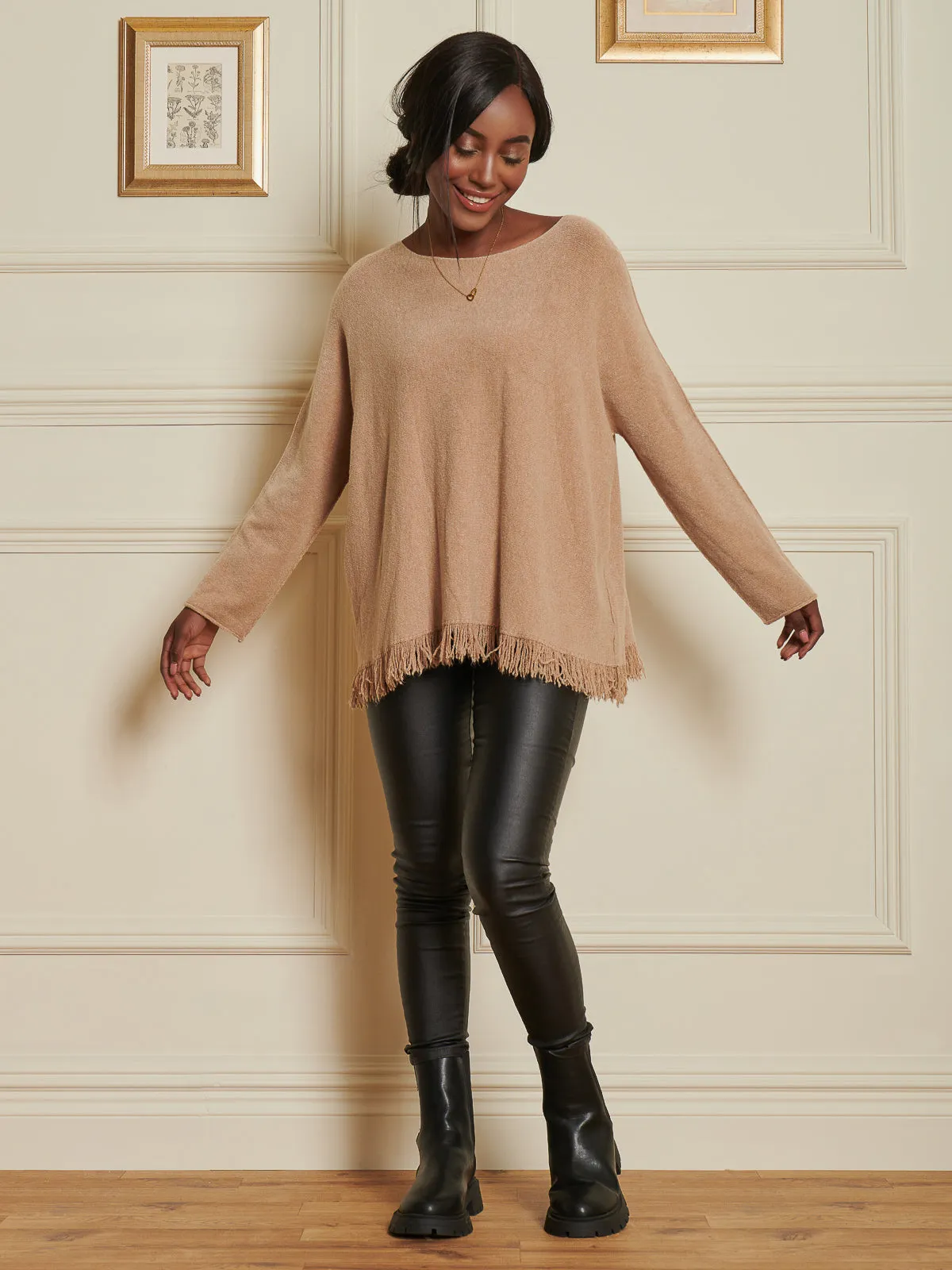 Knitted Fringe Detail Jumper, Khaki