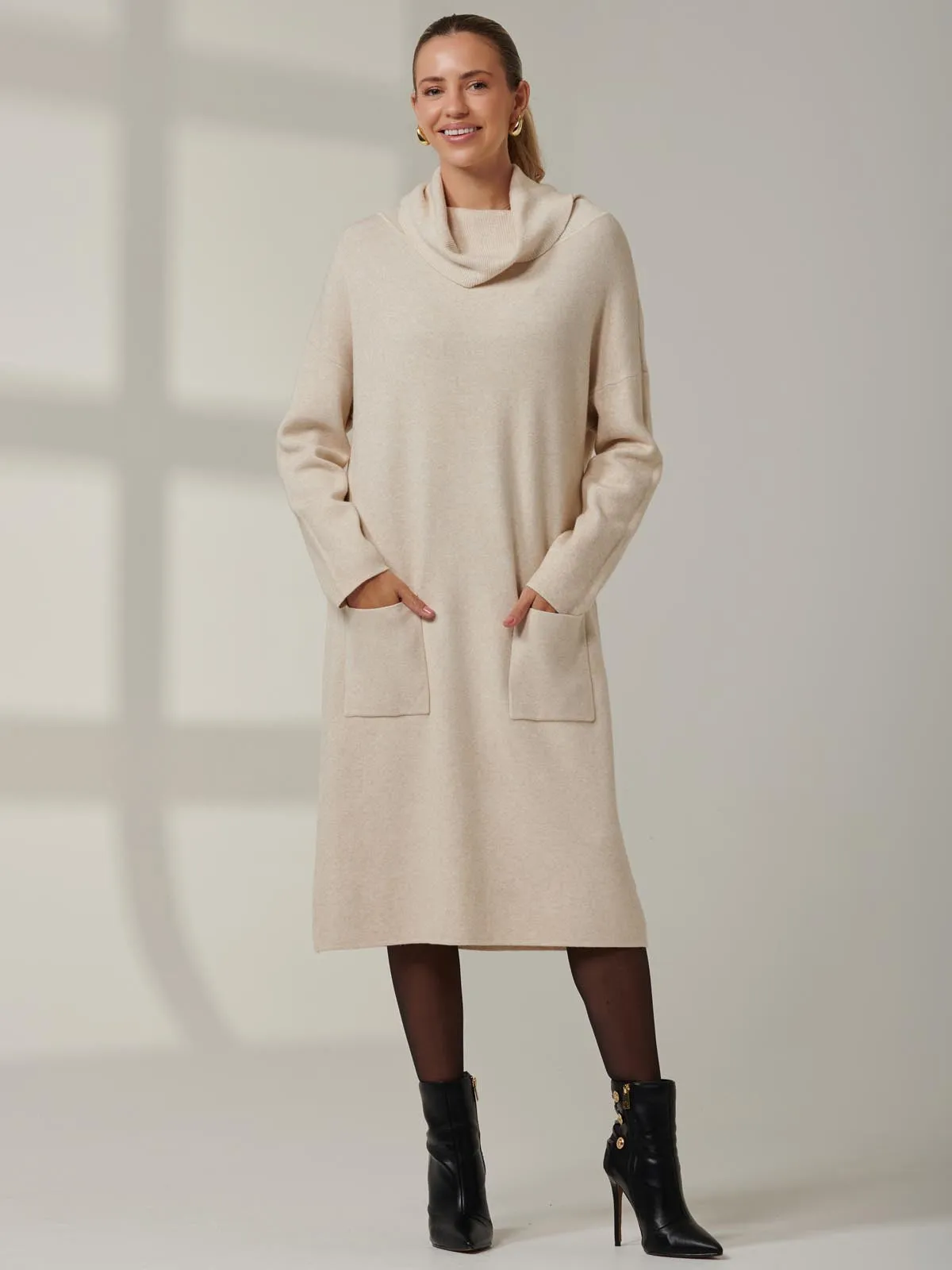 Knitted Turtleneck Longline Jumper, Beige Heather