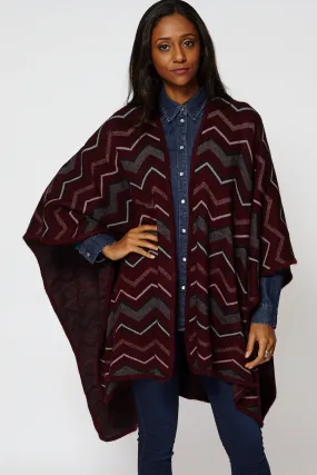 Knitted Zig Zag Print Open Poncho Cape