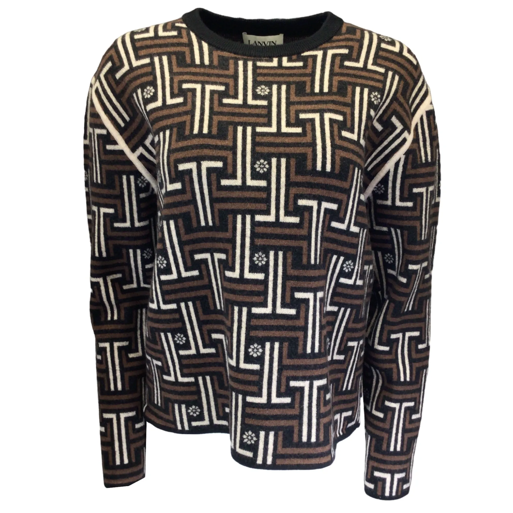 Lanvin Brown / Beige / Black JL Maze Jacquard Wool Knit Sweater