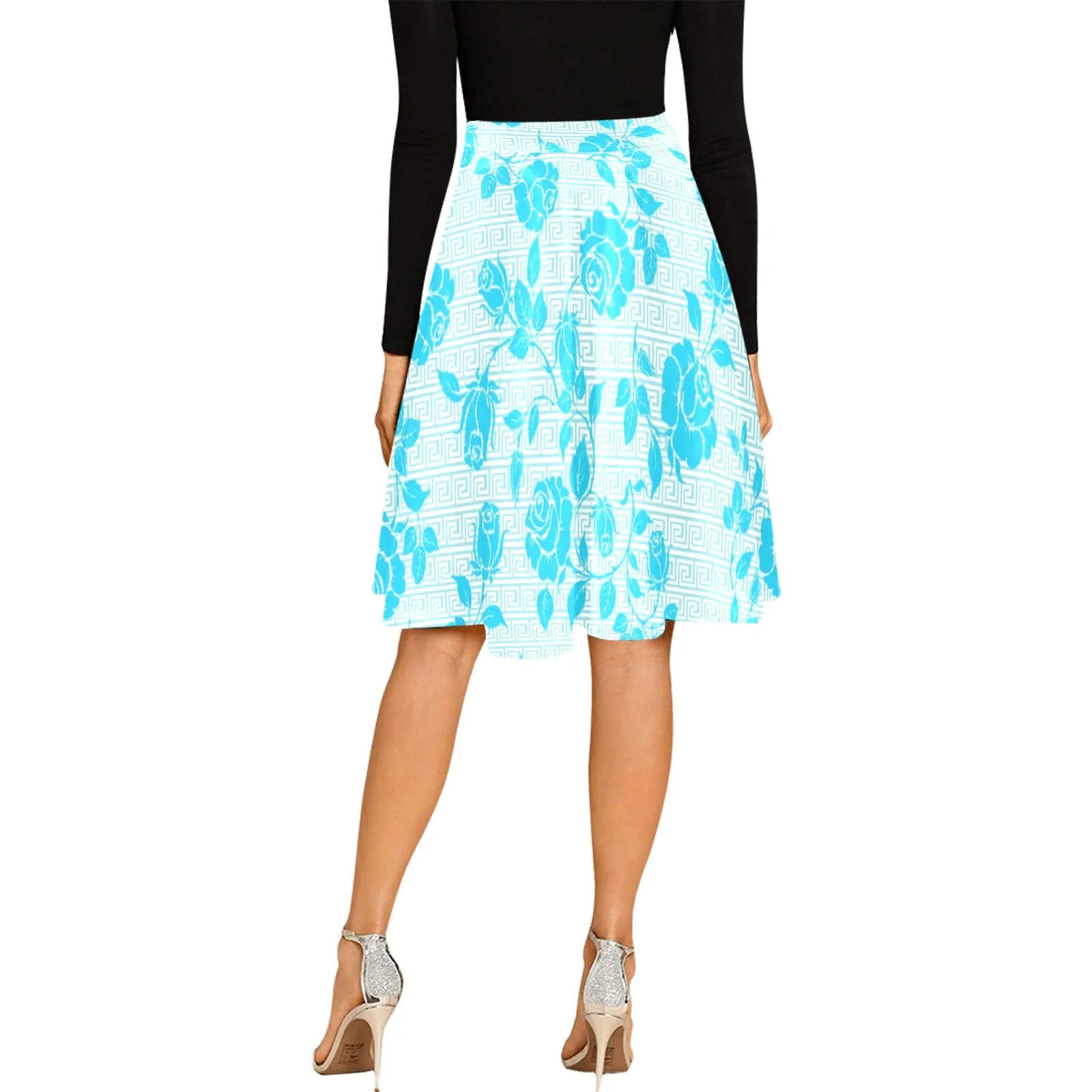 light blue greek key and medium blue roses print 2 Melete Pleated Midi Skirt (Model D15)