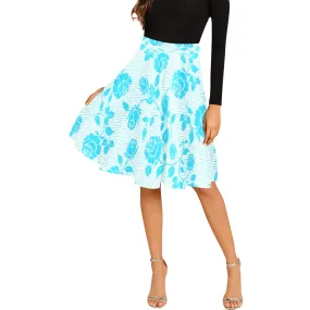 light blue greek key and medium blue roses print 2 Melete Pleated Midi Skirt (Model D15)