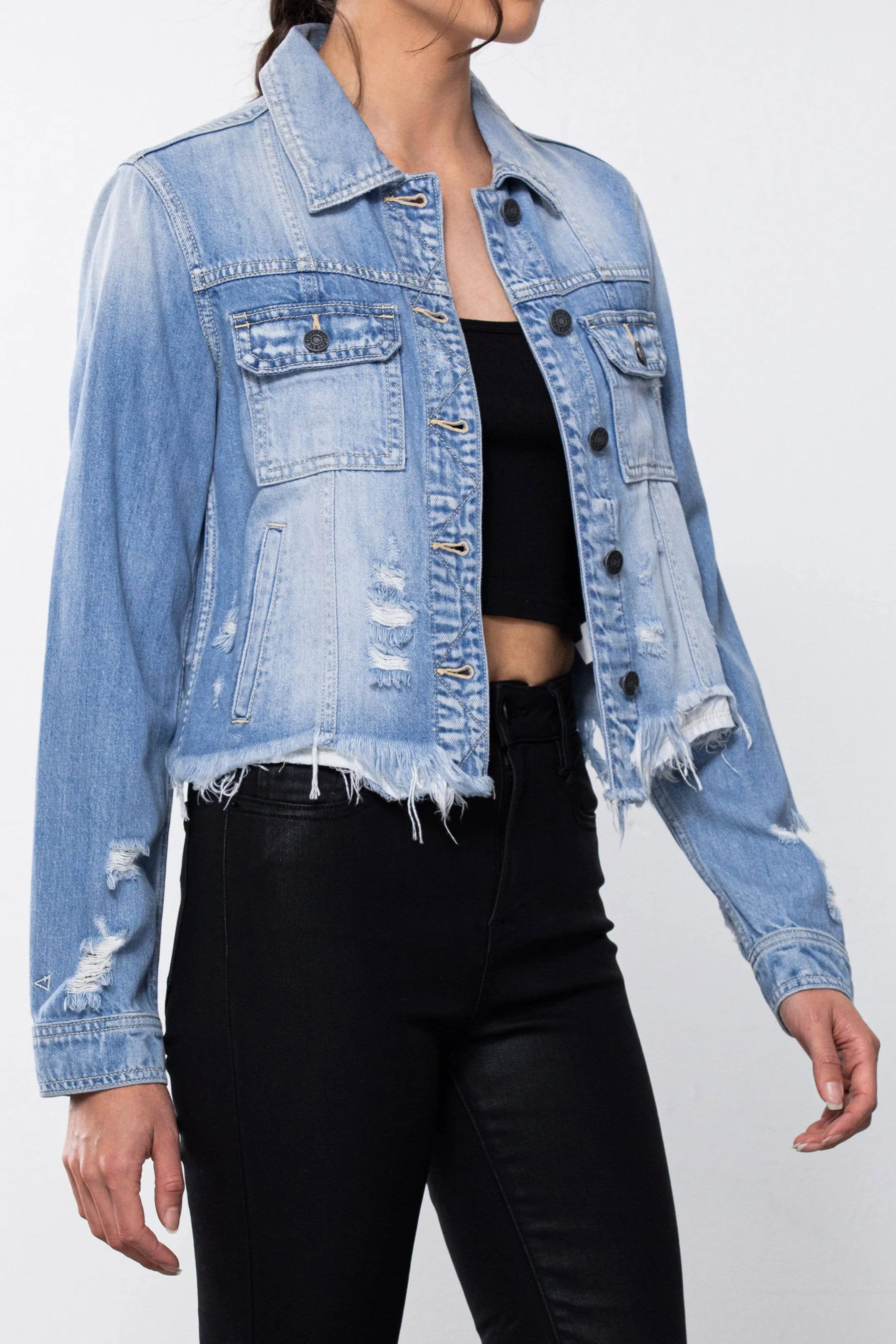 Light Wash Frayed Fitted Jacket