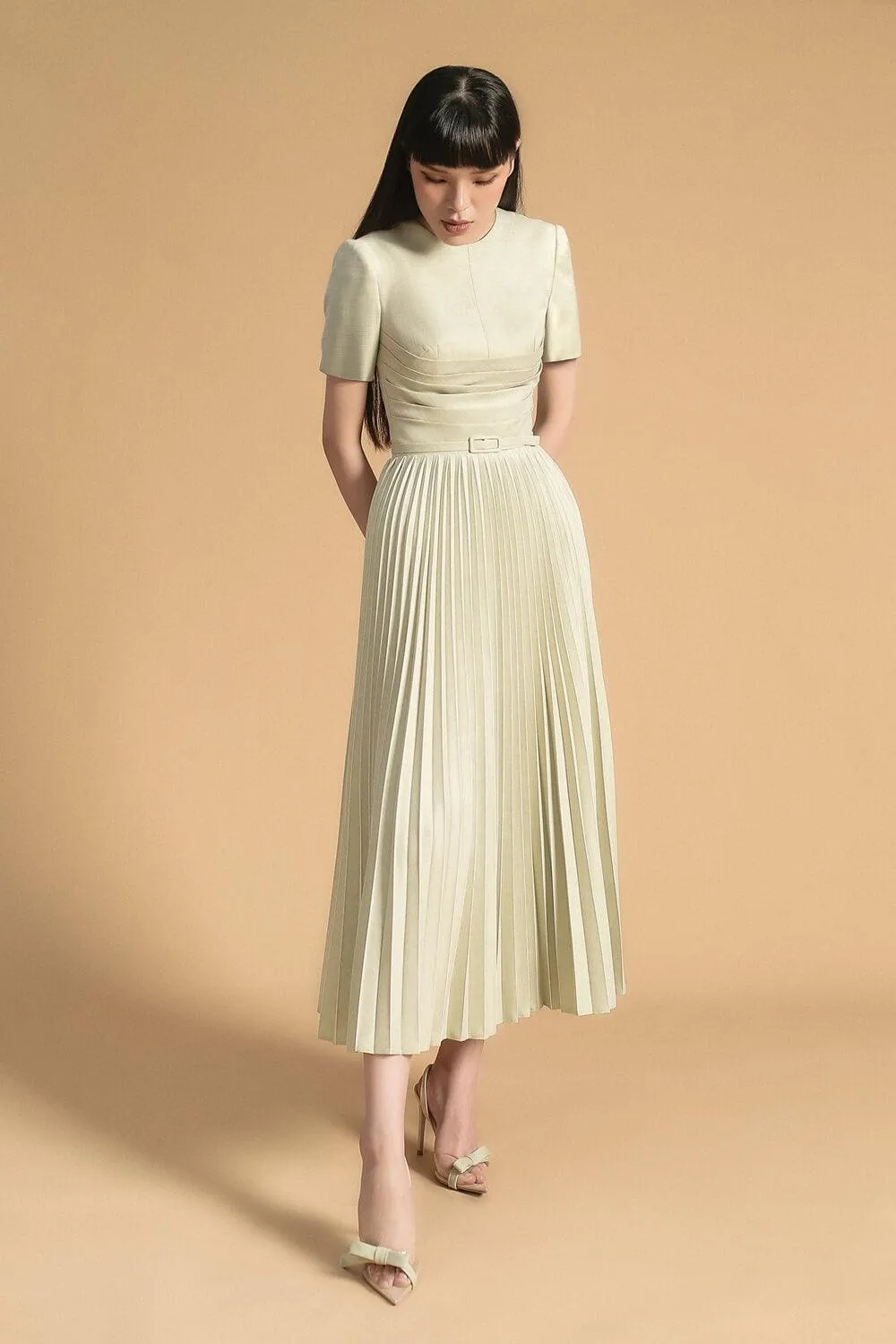 Linnea Pleated Round Neck Polyester Midi Dress