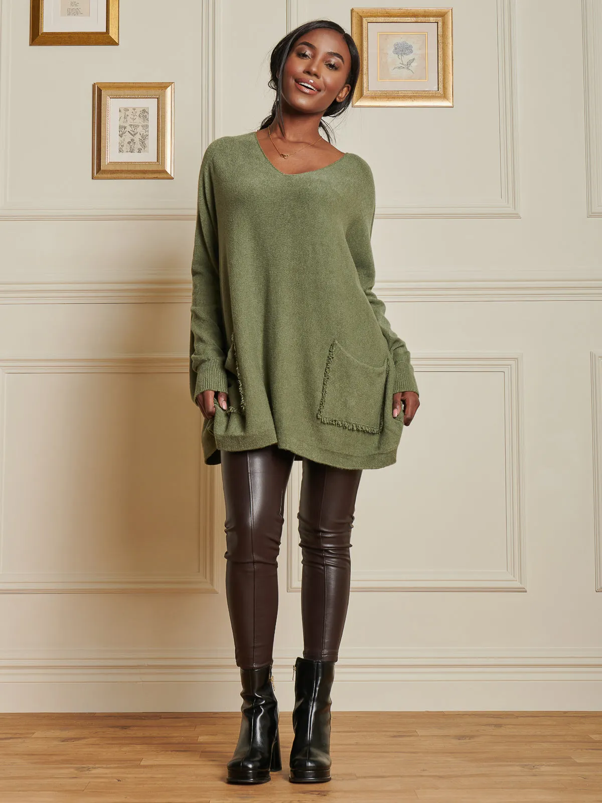 Loose Fit Pocket Knit Jumper, Soldier Green