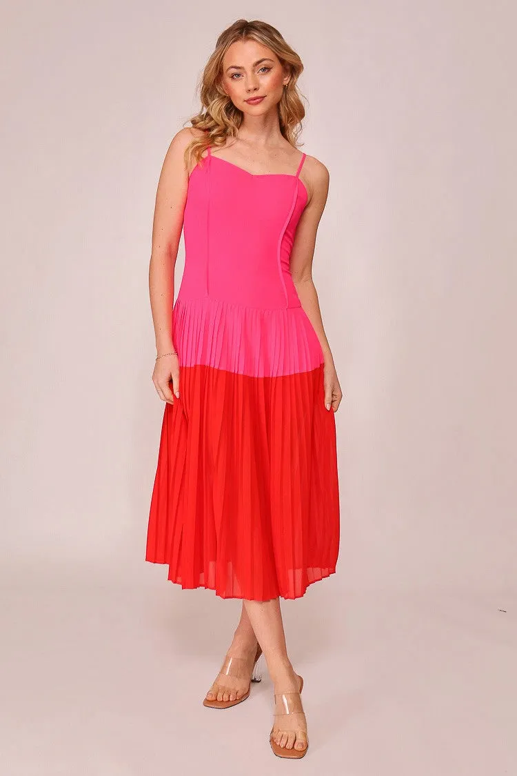 Lumiere Color Block Midi Dress in Fuchsia/Red