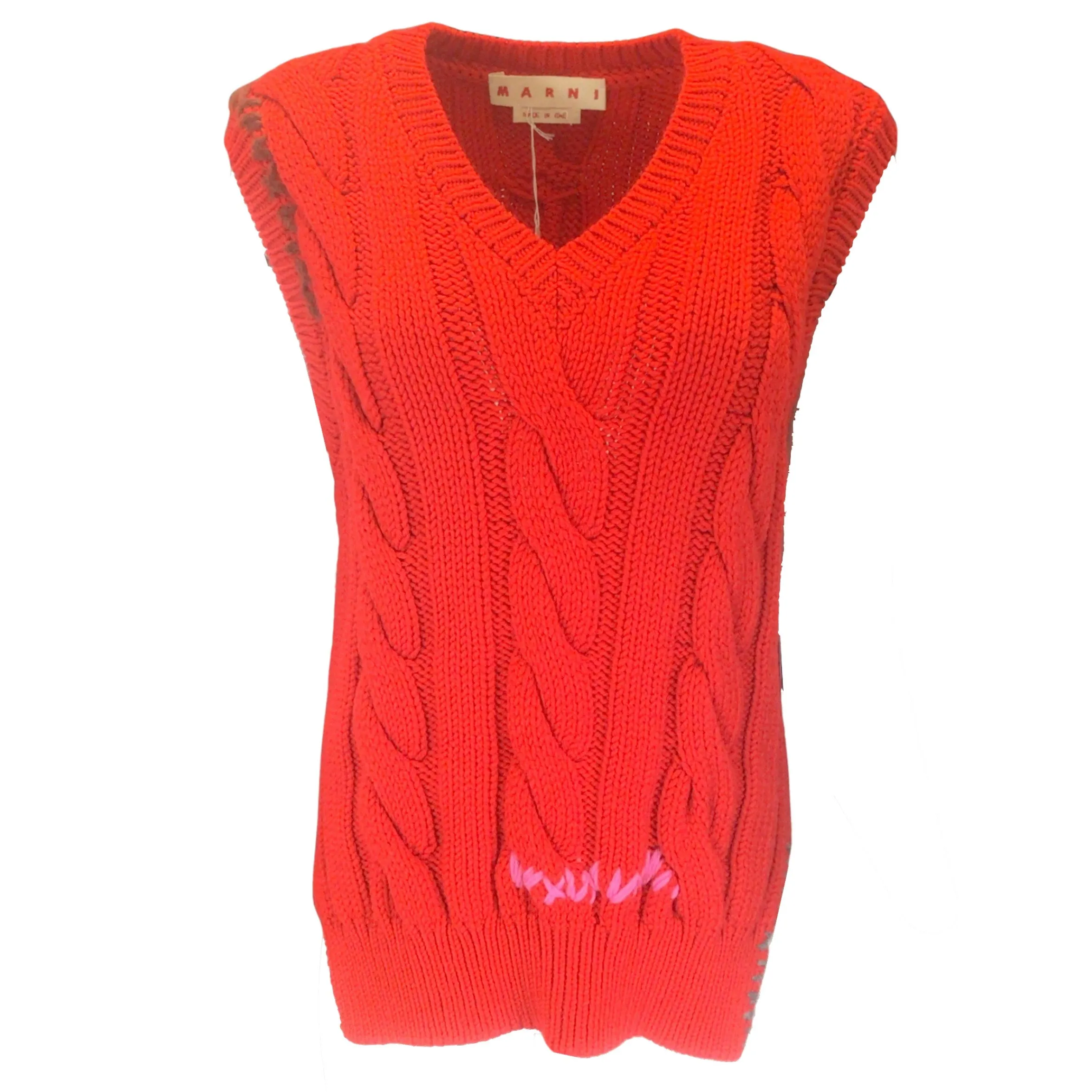 Marni Red 2022 Sleeveless V-Neck Cable Knit Wool Sweater