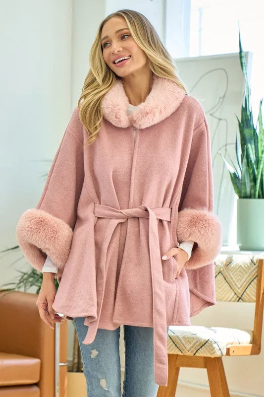 Mauve Plaid Poncho Mauve Faux Fur Trimmed Hood