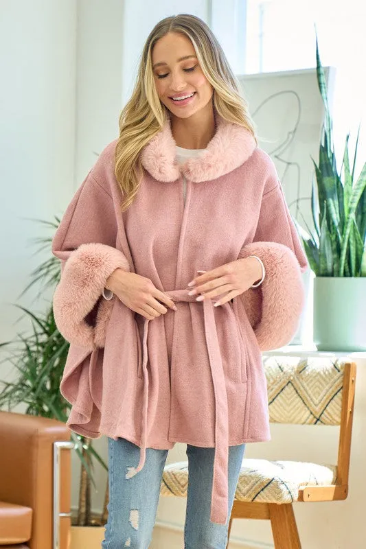 Mauve Plaid Poncho Mauve Faux Fur Trimmed Hood