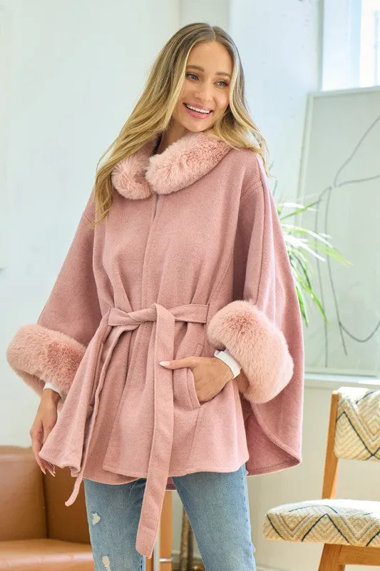 Mauve Plaid Poncho Mauve Faux Fur Trimmed Hood