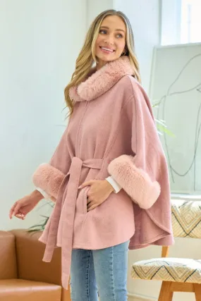 Mauve Plaid Poncho Mauve Faux Fur Trimmed Hood