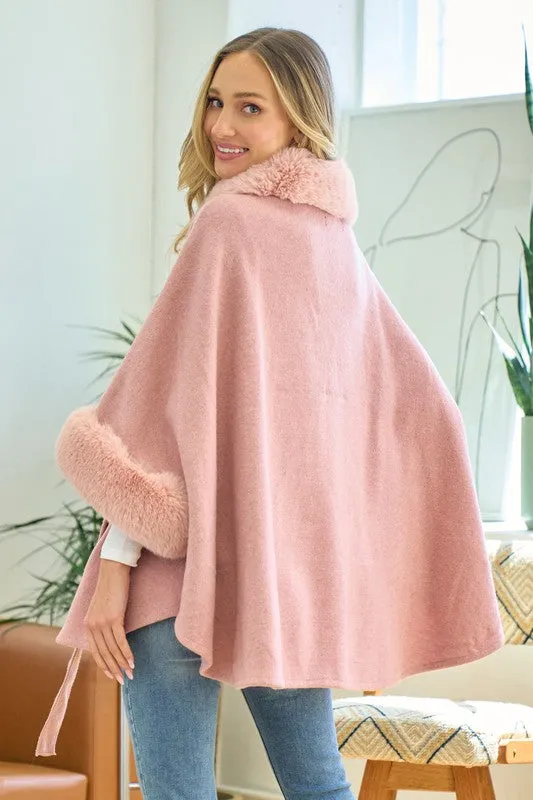 Mauve Plaid Poncho Mauve Faux Fur Trimmed Hood