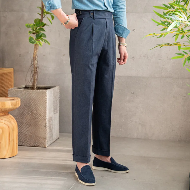 Men's Business Slim Fit Dress Pants Casual Retro High Waisted Adjustable Waist Trousers