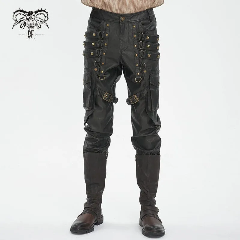 Men's Gothic Big-pocket Bronze Studded Faux Leather Pants