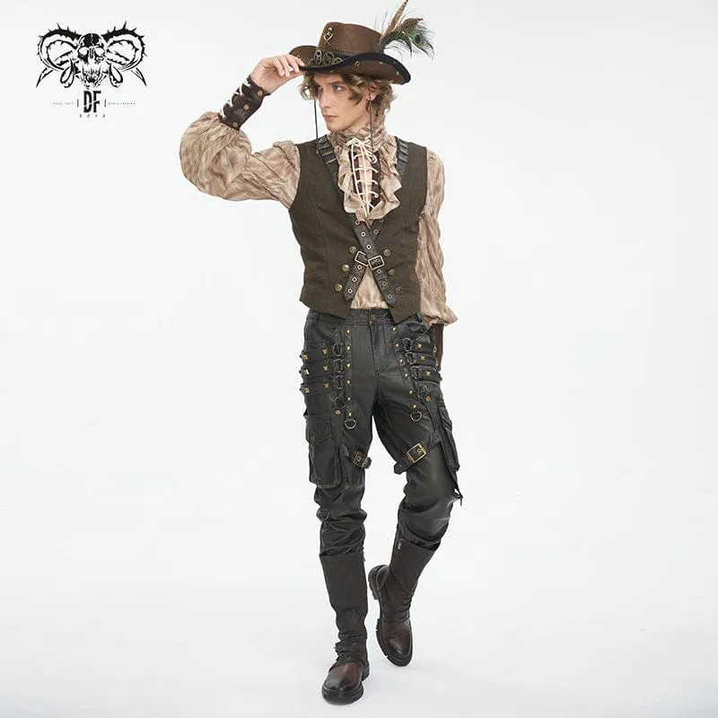 Men's Gothic Big-pocket Bronze Studded Faux Leather Pants