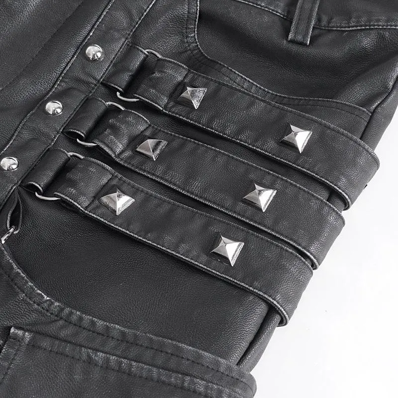 Men's Gothic Big-pocket Sliver Studded Faux Leather Pants