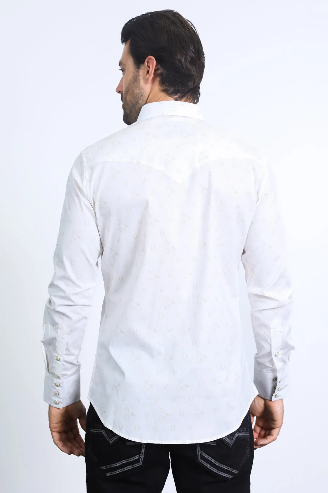 Mens Western Modern Fit Cotton/Spandex Long Sleeve White Shirt with Snaps