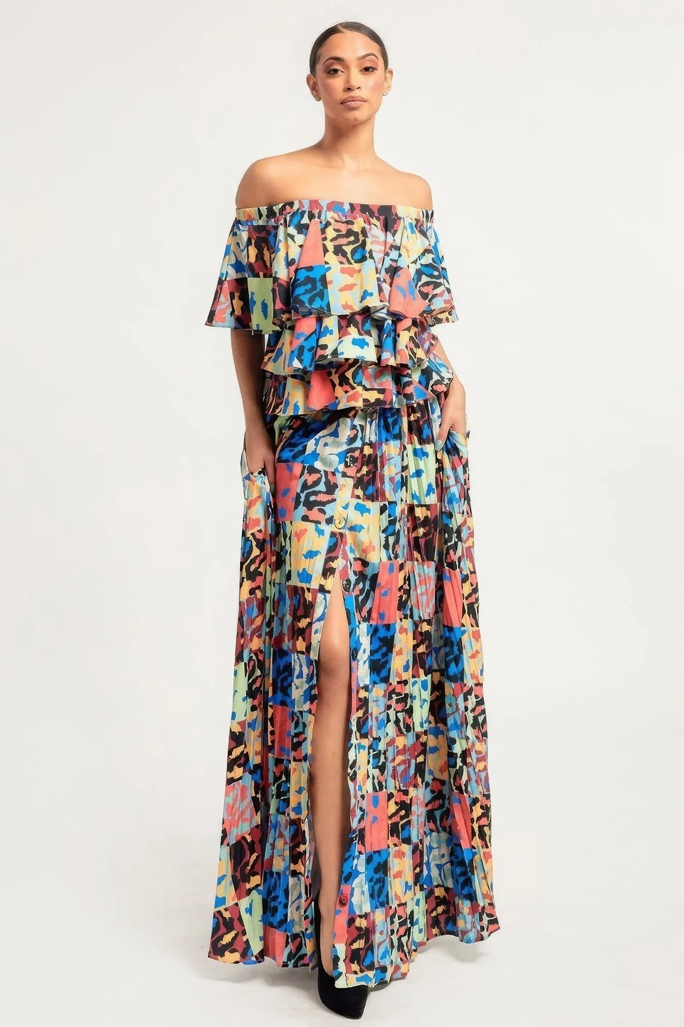 Multi Color Printed Ruffle Top And Pleated Skirt Set