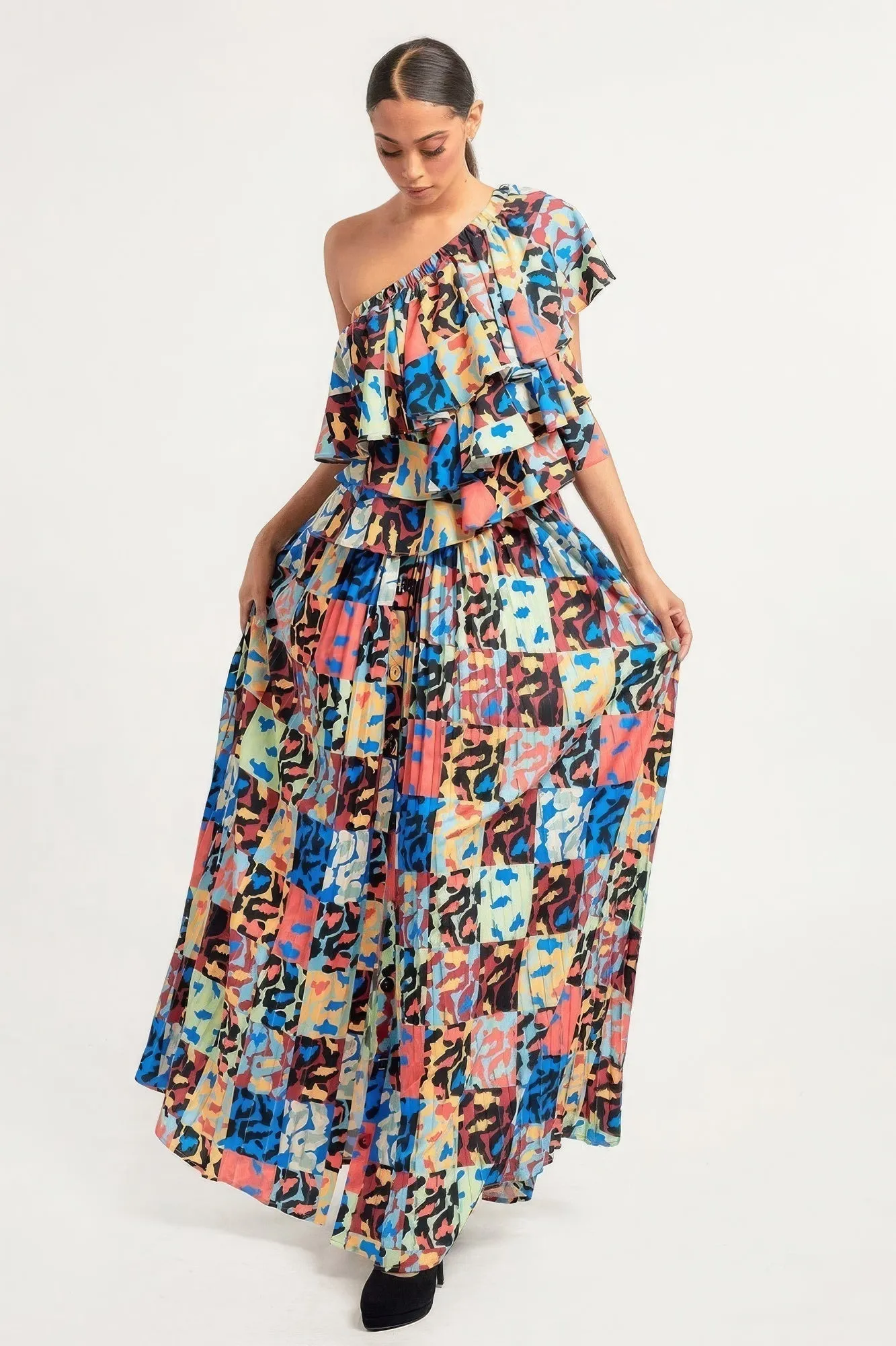 Multi Color Printed Ruffle Top And Pleated Skirt Set