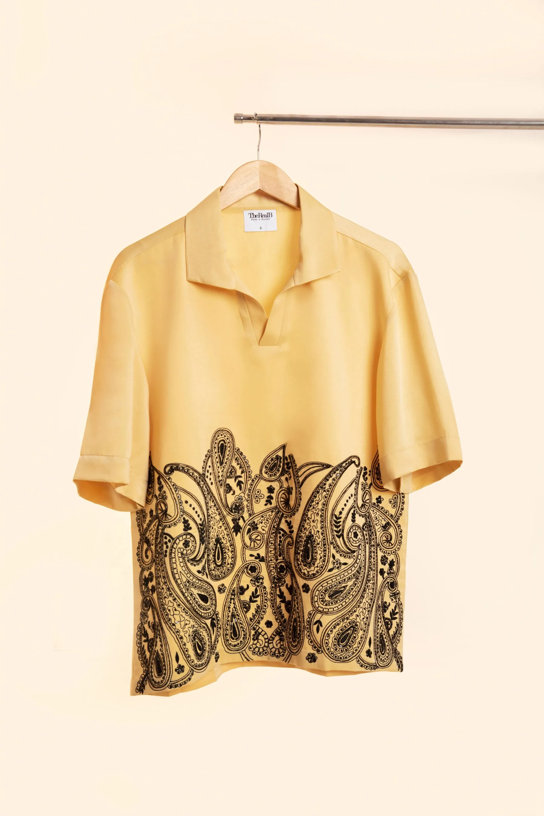 Mustard Handcrafted Embroidery Men's  Satin Shirt