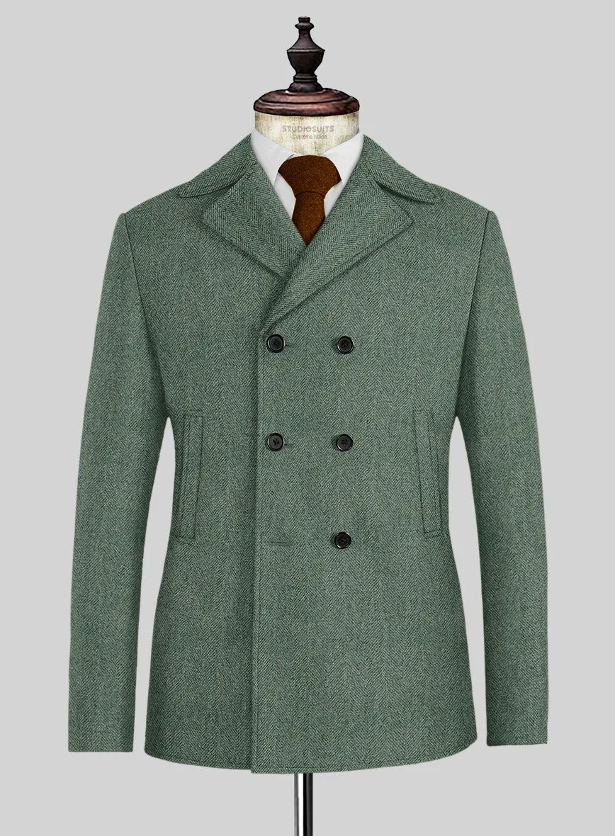 Naples Wide Herringbone Sage Green Tweed Pea Coat