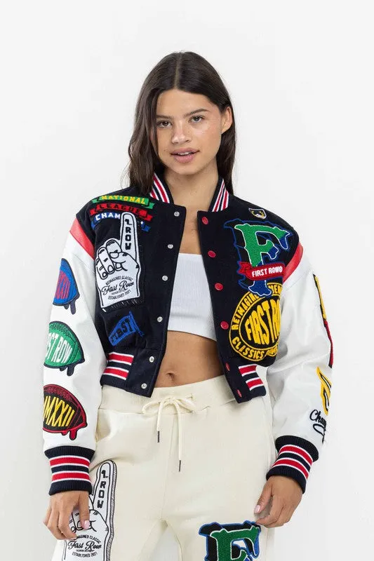 Navy Championship Winner Cropped Varsity Jacket