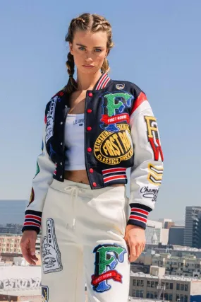 Navy Championship Winner Cropped Varsity Jacket