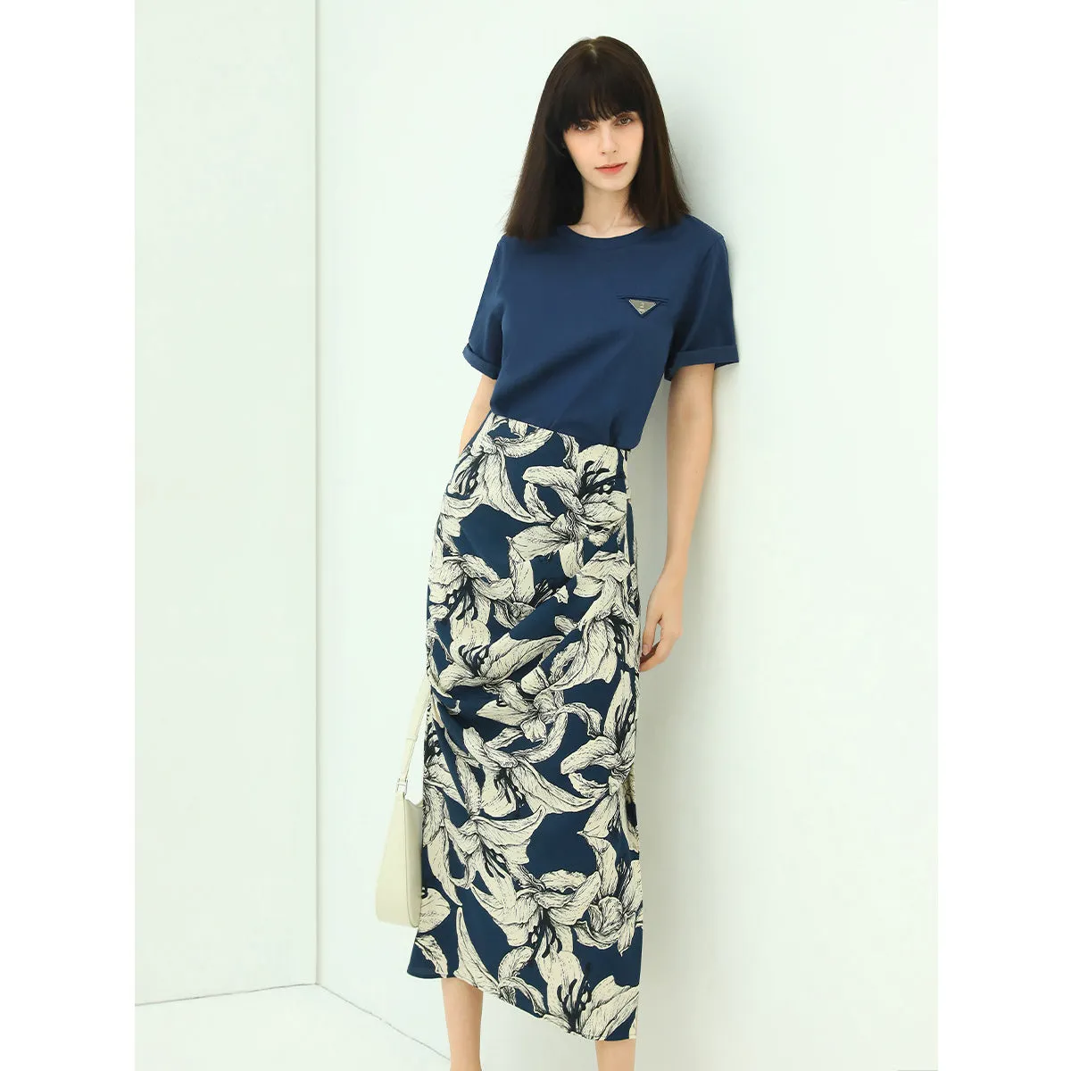 Night Lily Shirring Navy Chiffon Wrap Skirt